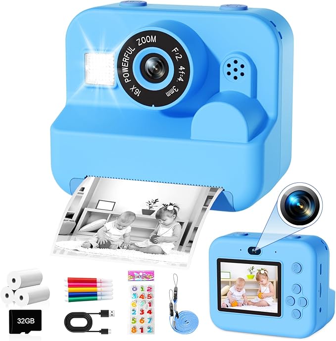 Kids Camera Instant Print - 1080P HD Video Digital Camera for Toddler with Printing Photo Paper, Portable Toy for 4 5 6 7 8 9 10 Years Old, Christmas Birthday Gifts for Boys Girls (Blue)