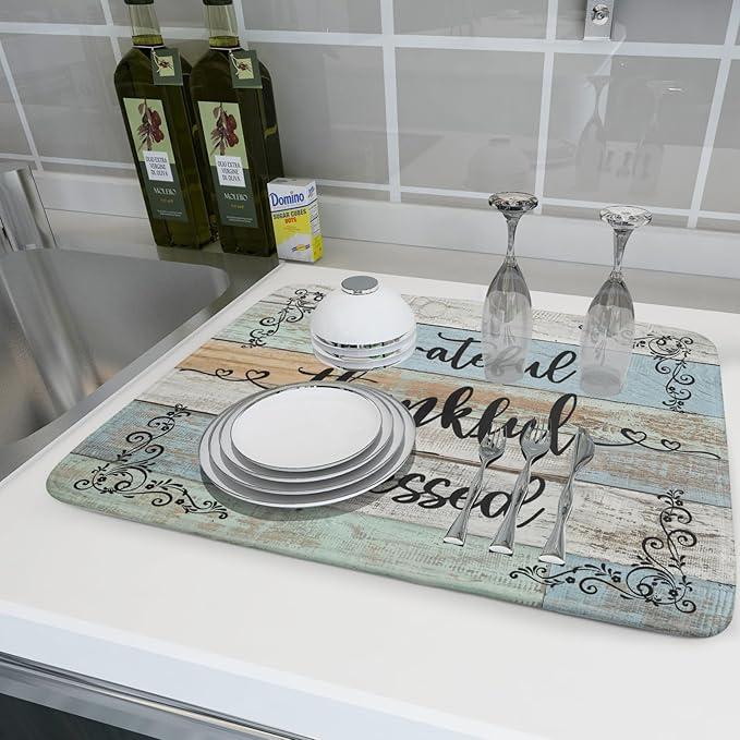 Rustic Wood Dish Drying Mat 18x24 Inch Grateful Thankful Blessed Kitchen