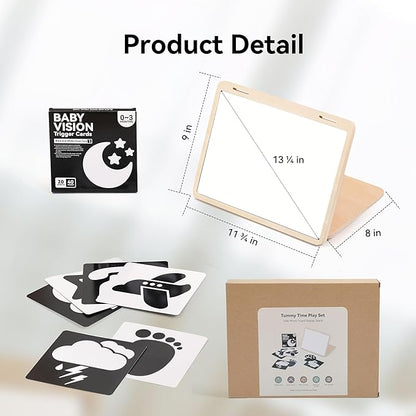 Tummy Time Play Set Adjustable Angle, Double-Sided Design, Montessori Tummy Time Toys Large Baby Safe Mirror and Card Display Stand with Black and White High Contrast Baby Cards