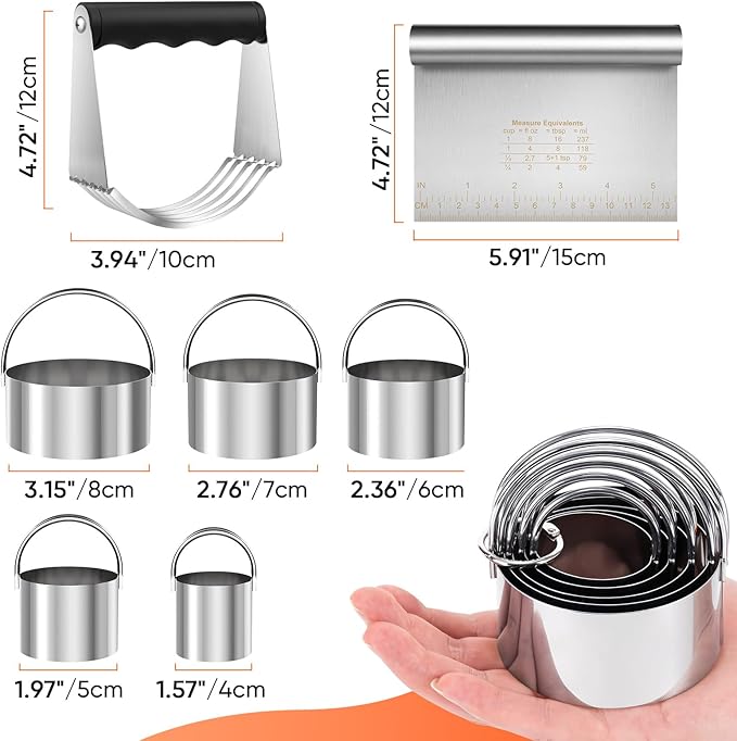Stainless Steel Biscuit Cutter Set, Pastry Scraper and Dough Blender, Sturdy &
