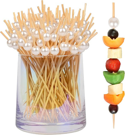 300Pcs Fancy Toothpicks for Appetizers,4.7Inch White Pearl Cocktail Picks For Drinks,Bamboo Appetizer Skewers for Charcuterie Boards Accessories,Martini, Sandwich,Desserts,Fruit
