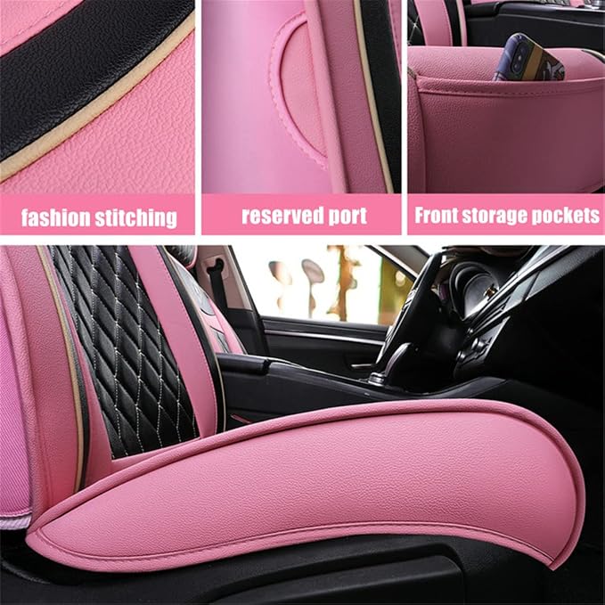 SanQing Car Seat Covers Full Set, Super Luxurious Heavy Universal Duty Waterproof Leather Automotive Vehicle Cover for Cars SUV Pick-up Truck, Non-Slip Seat Pink Car Accessories(Pink Black