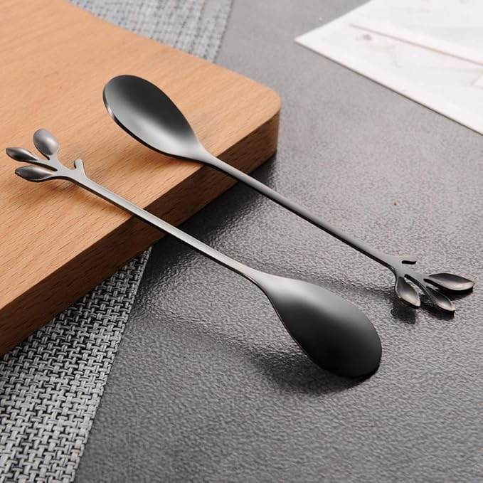 AnSaw Elegant Black Leaf Coffee Spoons