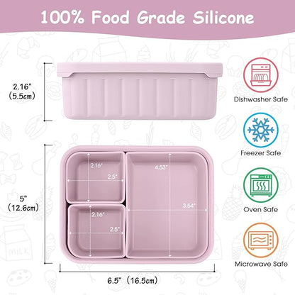 Bento Lunch Box for Kids-Reusable Silicone Kids Bento Box Lunch Container Leakproof Lunchbox Meal Prep Food Storage Containers with 3 Removable Compartments–Dishwasher Safe/BPA Free/Portion Control