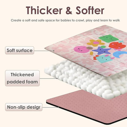 Baby Play Mat, Foldable Play Mats for Floor, 50x50 Inches Crawling Mat for Playpen with Anti-Slip Bottom, Machine Washable, Thicken Padding Foam Playmats for Babies and Toddlers (Pink Floral)