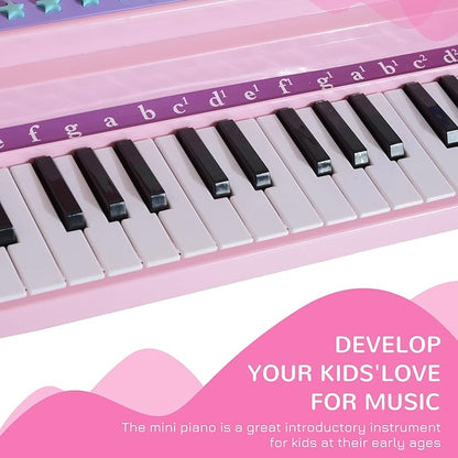 Qaba 37-Key Kids Toy Keyboard Piano Musical Electronic Instrument Grand Piano with Microphone, Stool, MP3, U-Disk, Lights for 3-6 Years, Pink