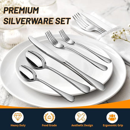 Silverware Set, 40 Piece Stainless Steel Cutlery Sets for 8, Heavy Duty Flatware, Mirror Polished Forks Spoons and Knives Set, Reusable Utensils for Home Kitchen, Dishwasher Safe