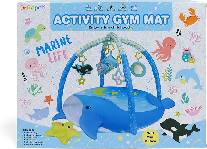 Dr.Rapeti 31x31inch Baby Play Mat, Activity Baby Play Gym with Arch, Playmats & Floor Gyms, Detachable Mirror and Squeaky Soft Set, Thick Non-Toxic Playmats