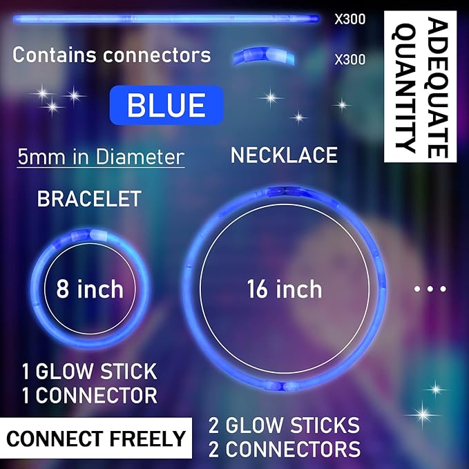 Hanaive 300 Pcs Glow Sticks Bulk 8 Inch Glow in The Dark Party Favors Neon Bracelets and Necklaces Light up Sticks with Connectors for Holiday Birthday Party Supplies(Blue)