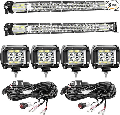 LED Light Bar Kit for Truck, (2) 20 Inch Slim Light Bars, (4) 4 Inch LED Pods, (2) 24V Wiring Harness, Waterproof Off Road Work Lights Fog Lights for ATV UTV Tractor Driving Lighting