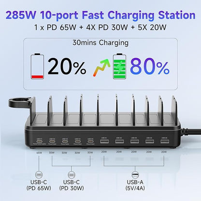 285W Charging Station for Multiple Devices, 10 Ports Fast Multi-Device Charger