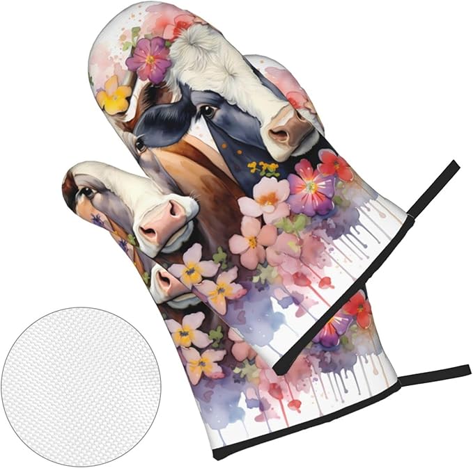 Watercolor Cows Oven Mitts and Pot Holders Sets Daisy Flower Kitchen Oven