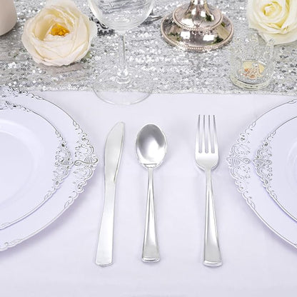 300Pieces Silver Plastic Silverware - Heavy Duty Disposable Utensils - Silver Plastic Cutlery Set Includes 100 Forks, 100 Spoons, 100 Knives for Dinner Parties Weddings