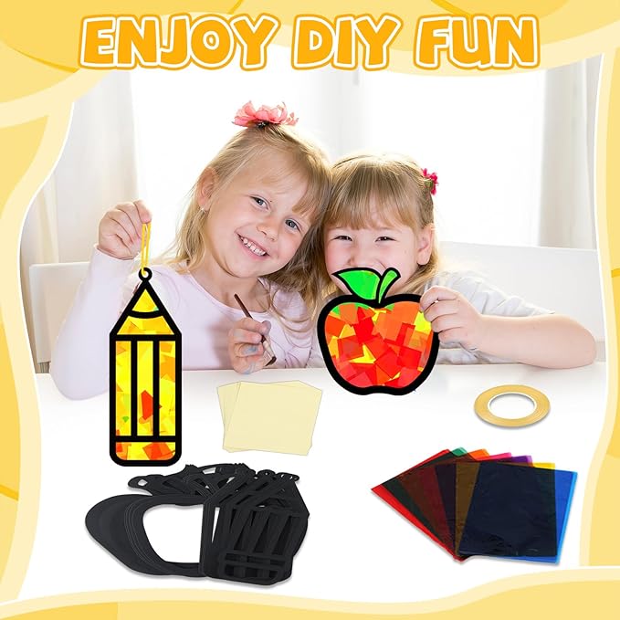 32 Sets Back to School Apple Pencil Suncatchers Craft Kit DIY Window Stained Glass Effect First Day of School Paper Craft Home Classroom Decoration Kid Birthday Gift Creative Art Project Activity Game