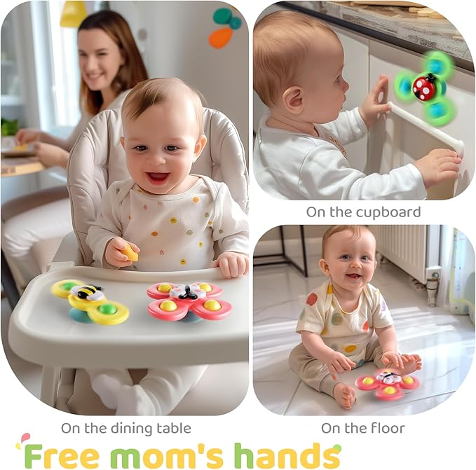 ALASOU 3PCS Suction Cup Spinner Toys for 1 Year Old Boy Girl|Spinning Top Baby Toys 12 18 Months|1 2 Year Old Boy Birthday Gift|Baby Bath Toy for Kids Ages 1-3|Sensory Toy for Toddlers 1-3