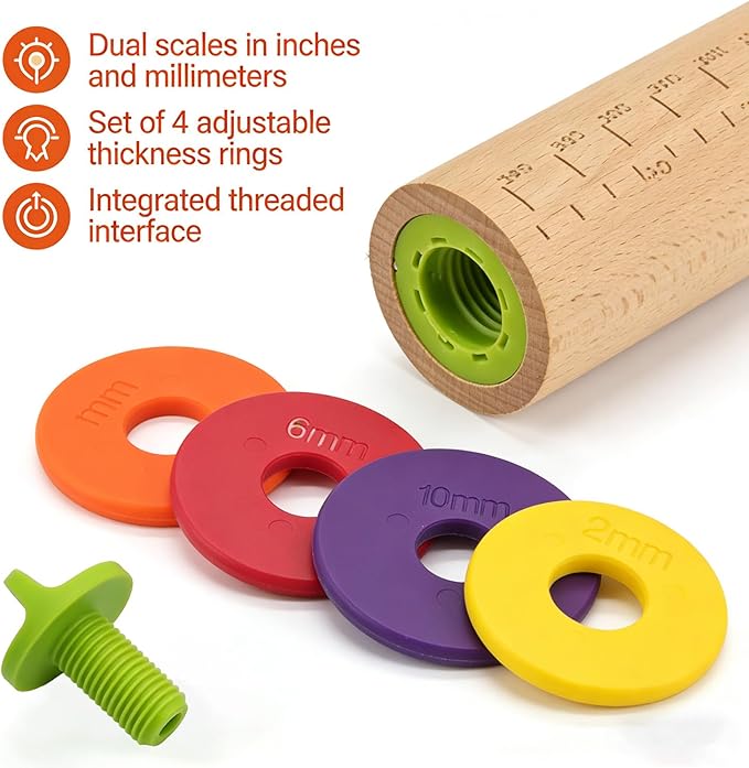 Rolling Pin With Thickness Rings, Adjustable Wooden Rolling Pin Set, 17 inch