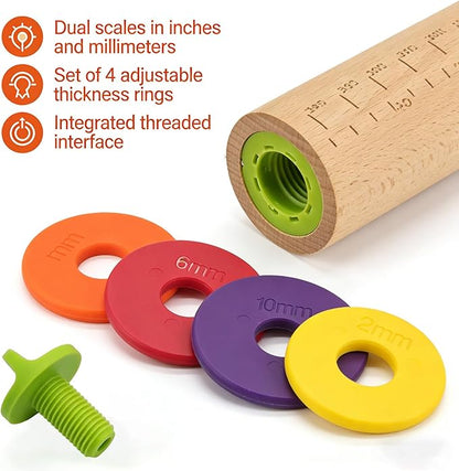 Rolling Pin With Thickness Rings, Adjustable Wooden Rolling Pin Set, 17 inch