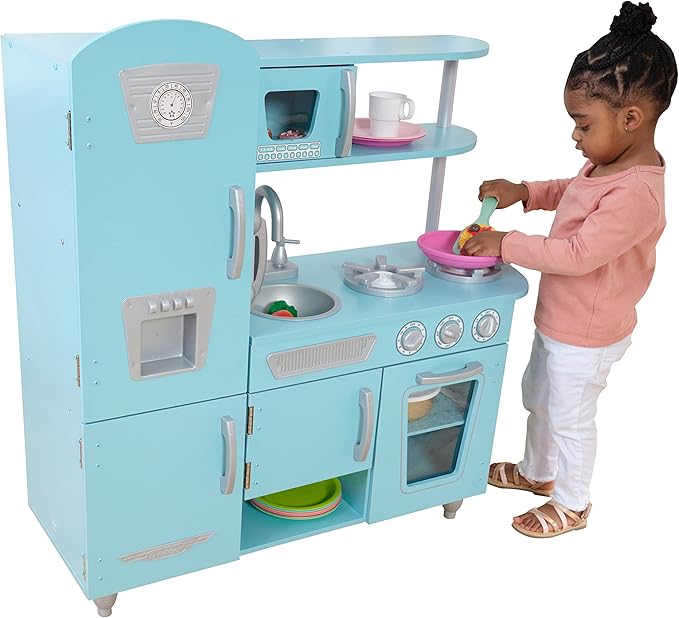 KidKraft Vintage Wooden Play Kitchen with Pretend Ice Maker and Play Phone, Blue