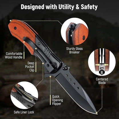 Pocket Knife for Men - 2.98" Sharp Blade Wood Handle Pocket Folding Knives with Clip, Glass Breaker - Small EDC Knives for Survival Camping Hunting Fishing Hiking Women, Black