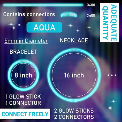 Hanaive 300 Pcs Glow Sticks Bulk 8 Inch Glow in The Dark Party Favors Neon Bracelets and Necklaces Light up Sticks with Connectors for Holiday Birthday Party Supplies(Aqua)