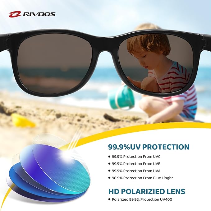 RIVBOS Kids Sunglasses Polarized UV Protection Flexible Rubber Glasses Shades with Strap for Boys Girls RBK004
