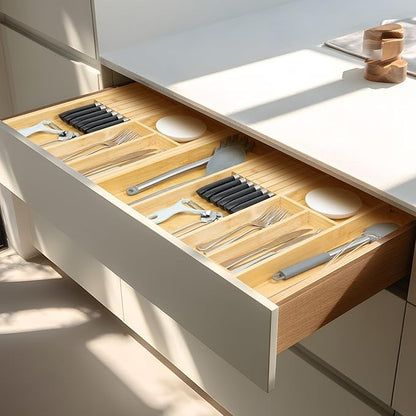 VaeFae Bamboo Kitchen Drawer Organizer, Utensil Tray