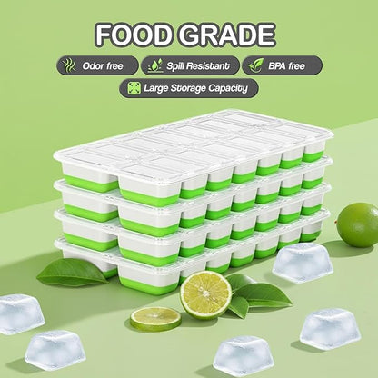 56pcs Ice Cube Tray with Lid and Bin – Stackable 4 Trays Plastic Silicone