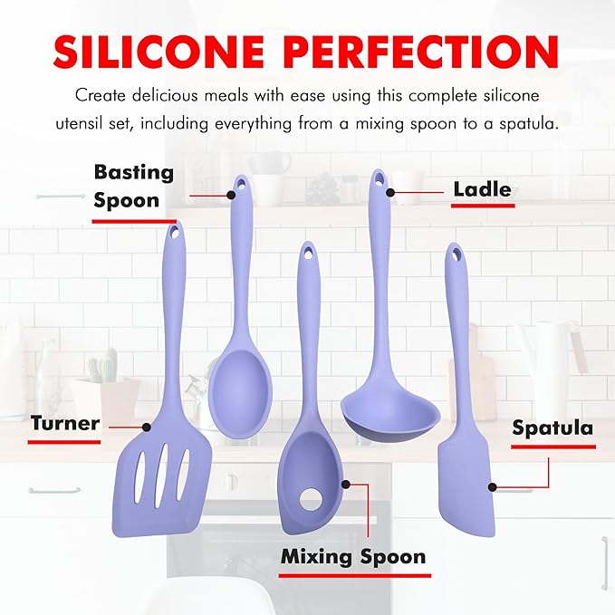 Chef Craft - Premium Silicone Kitchen Tools and Utensils Set, Non-Scratch, Withstands Temperatures up to 450°F, BPA-Free, 5 Piece Cooking Utensils Set, Pastel Blue