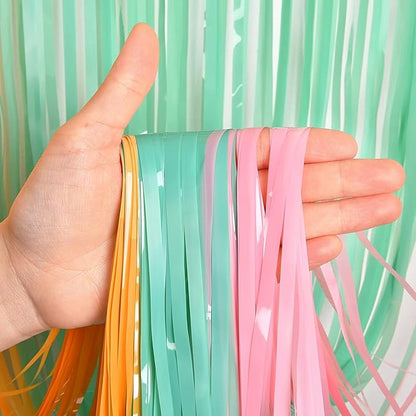 BRAVESHINE Tinsel Foil Fringe Curtains - 2Pcs 3.2x8.2ft Pastel Colourful Photo Backdrop for Sweet Birthdays Easter Bunny Bridal Shower Fairy Kids Candy Donut Party Decorations