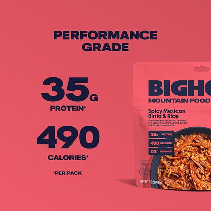 BIGHORN Mountain Food Spicy Mexican Birria and Rice - contains 6 packs | 12 servings | 210g Protein | 2,940 Calories - premium freeze dried meals for backpacking food - dehydrated camping food for backpacking meal - just add water - great taste