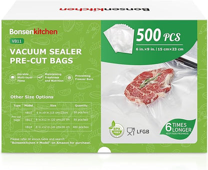 Bonsenkitchen Precut Vacuum Sealer Bags, 500 Pint 6" x 9" Food Sealer Bags,Commercial Grade, BPA Free, Heavy Duty, Customized Size Vacuum Bags for Vac Storage, Meal Prep or Sous Vide Cooking, VB11