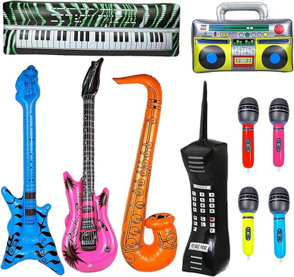 10pcs Inflatable Instruments Party Props Rock Star Toy Set Inflatable Saxophone Bass Rock Microphone Rock Electric Guitar Recorder Suitable for Various Music Parties(Retro Style)