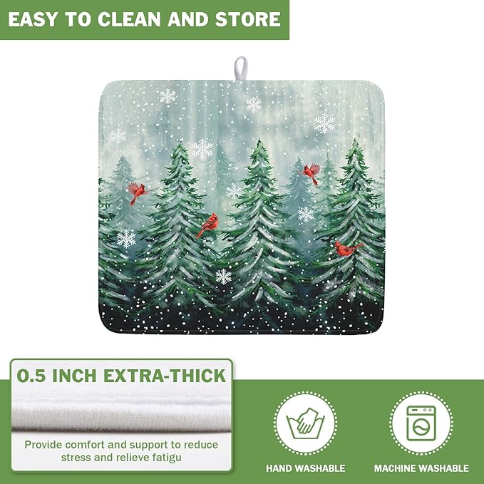 Welcome Winter Pines Tree Dish Drying Mat, Winter Snowflake Dish Drying Mat