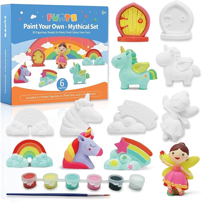 Funto Paint Your Own Unicorn Painting Kit, Arts and Crafts Set, STEAM Project Creative Activity DIY Toys, with 6 Figurines, 6 Paint Pots, 1 Brush