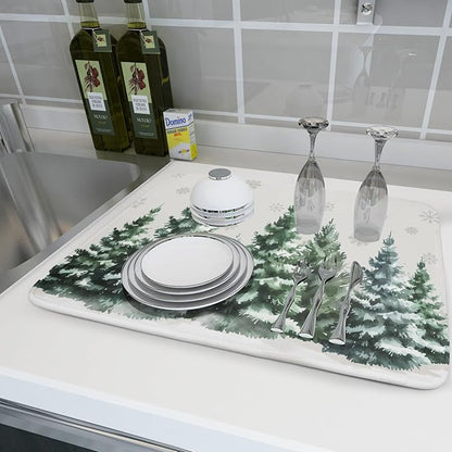 Christmas Dish Drying Mat 16x18 Inch Xmas Forest Tree Absorbent Dish Drainer