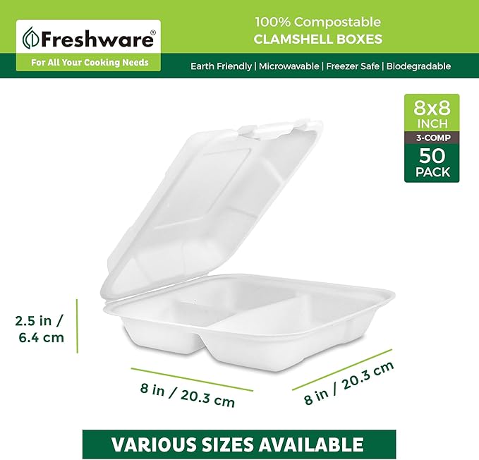 Freshware Compostable Clamshell Food Containers 3-Compartment 50-Pack,