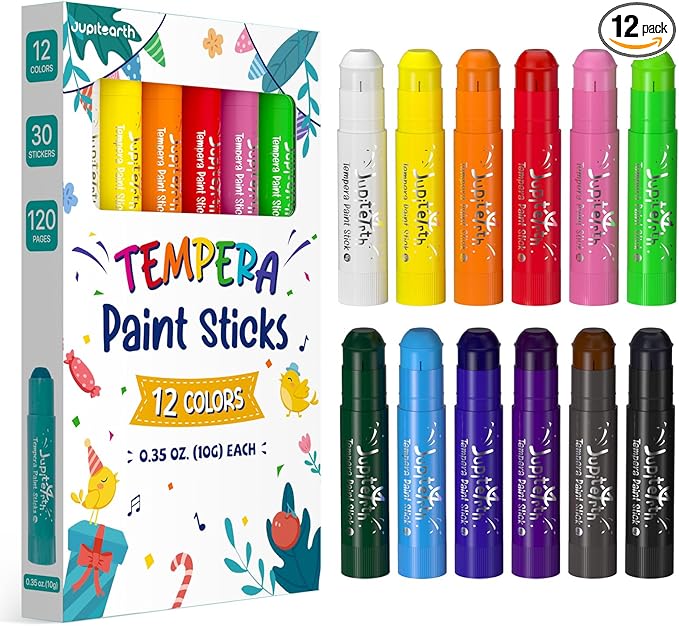 Paint Sticks for Kids 12 Colors, Quick Drying, Smooth, Non-Toxic and Washable Solid Tempera Paint Sticks with 120 PDF Coloring Pages and 30 Stickers, Toddler Art Supplies for Drawing