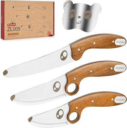 Kids Knife Set for Real Cooking with Educational Ring & Serrated Blade Edge & Panda Finger Guard 4-Pieces, Kids Chef Knife Set with Rosewood Handle Stainless Steel Blade For Starter Cutting Learning