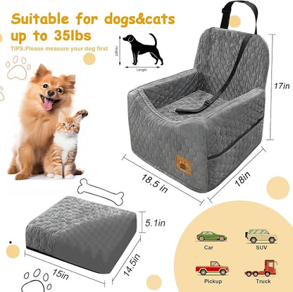 Dog Car Seat for Small/Medium Dogs, Memory Foam Dog Booster Seat, Travel Safety Per Car Seat with Washable Removable Cover, Storage Pockets for Dogs up to 35 lbs(Gray)