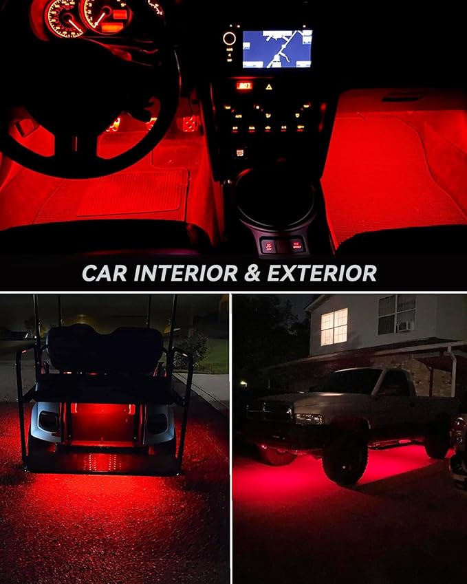 Red Led Strip Lights 24" Connectable 12V Led Light Strip for Cars Golf Cart Boat Marine Motorcycle Interior & Exterior Waterproof Car Light Strip, 4Pack