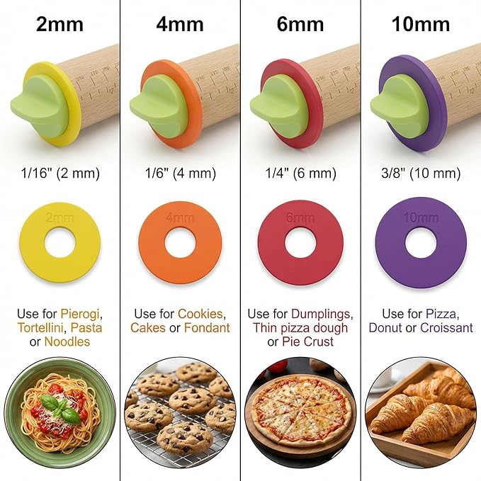Rolling Pin With Thickness Rings, Adjustable Wooden Rolling Pin Set, 17 inch