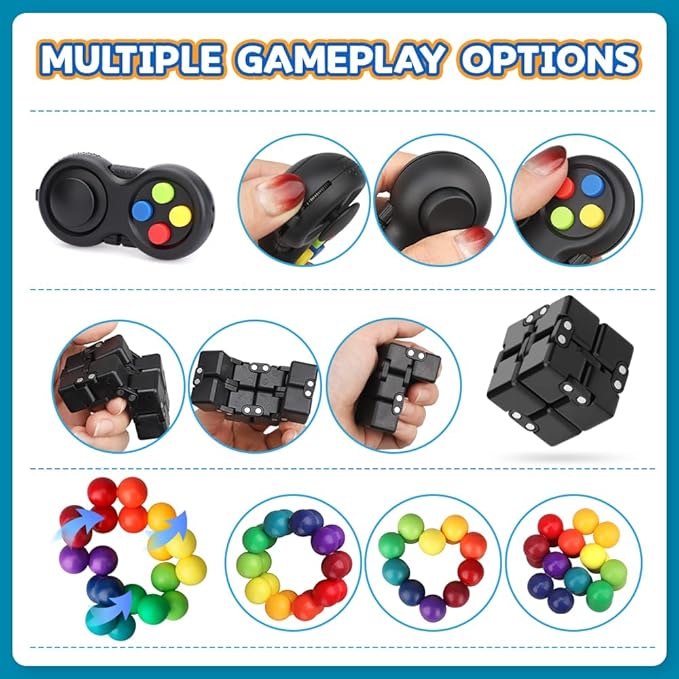 Dilabnba 9PCS Fidget Toys Bulk for Adults Teens, Cool Gadgets Office Desk Toy, Fidget Spinner Cube Pad Rainbow Sensory Ball Magnetic Stones, Goody Bag Fillers Birthday Gifts