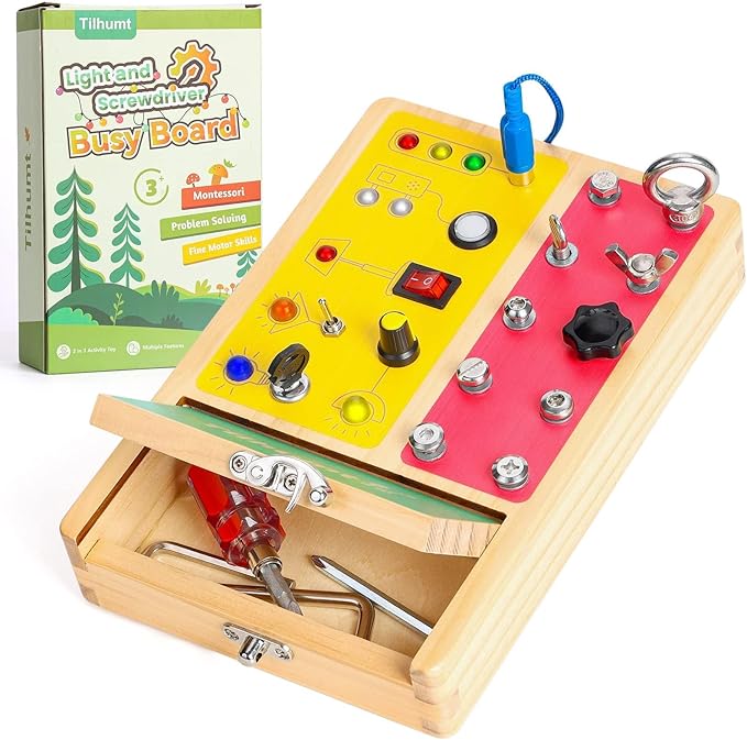Tilhumt Busy Board with LED Light, 2-in-1 Montessori Screwdriver Board Set with 6 LED Light Switches, Toddler Montessori Switch Fidget Board with Lockable Toolbox, Travel Activity Toys for Outdoor