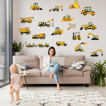 Wall Decals Stickers Construction Vehicles Wall Stickers Tractor Excavator Crane Wall Murals Peel and Stick Removable Wall Decor for Nursery Kid Boys Girls Bedroom Living Room Playroom Classroom