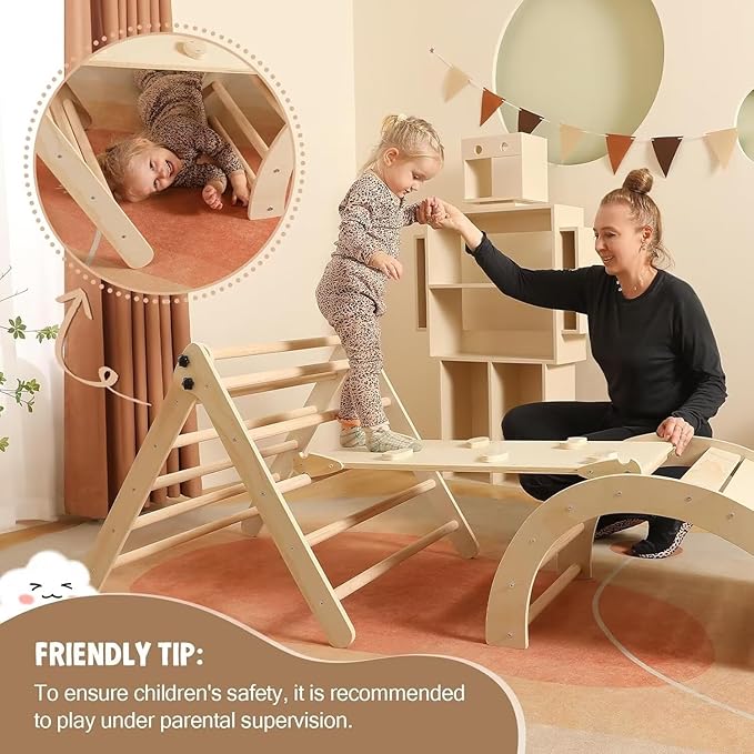 Pikler Triangle Set with Cushion Large, 5 in 1 Toddler Climbing Toys Indoor, Montessori Foldable Climbing Set for Kids, Wooden Playground Jungle Gym with Ramp, Arch and Ladder (Wooden Color)