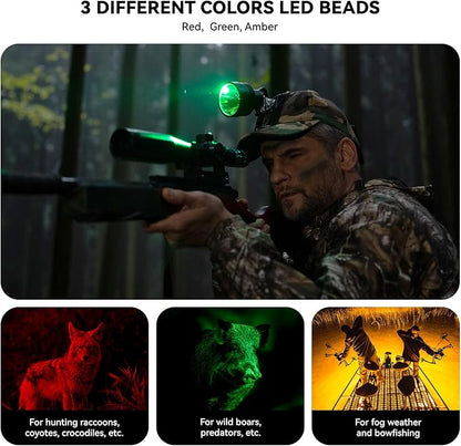 Coon Hunting Lights Headlamp for Coyotes Hog Predators, 10W Rechargeable & IPX5 Waterproof, 6 Lighting Modes, 45000LUX 4-Color LED (White Red Green Amber) with Camo Hunting Hat for Forehead