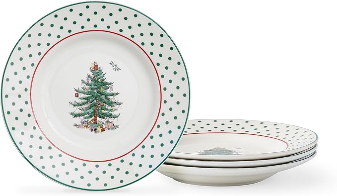 Spode Christmas Tree 6" Polka Dot Tidbit Plates (Set of 4) - Round Appetizer Plates with Festive Polka Dot Border - Dishwasher, Microwave & Freezer Safe Porcelain for Holiday Entertaining