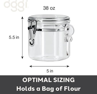 OGGI Clear Canister Airtight 38oz - Clamp Lid & Spoon - Airtight Food Storage Containers, Ideal for Kitchen & Pantry Storage of Bulk, Dry Food Including Flour, Sugar, Coffee, Rice, Tea, Spices & Herbs