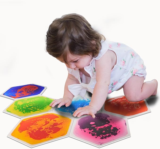 Art3d 6-Tile Hexagon Sensory Floor Tiles for Kids, Toddlers and Children, Colorful Liquid Sensory Activity Mat for Active Play and Decorative