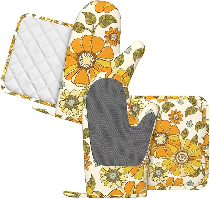 Retro 70s Style Flower Oven Mitts and Pot Holders Sets Silicone Kitchen Mitts